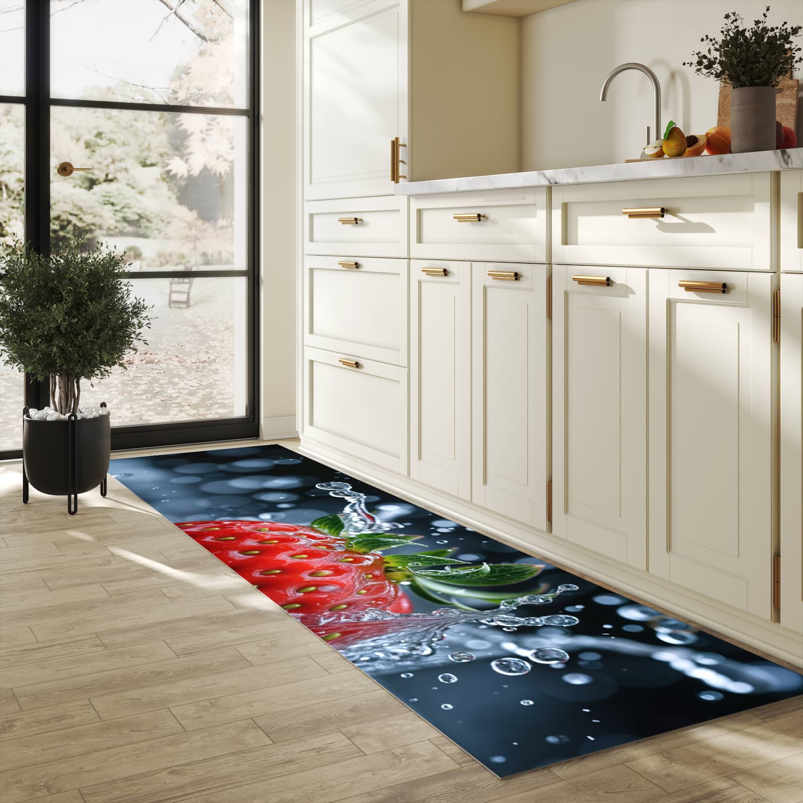 Flacher rutschfester Küchenläufer mit Motiv Splash von Erdbeere in heller Küche