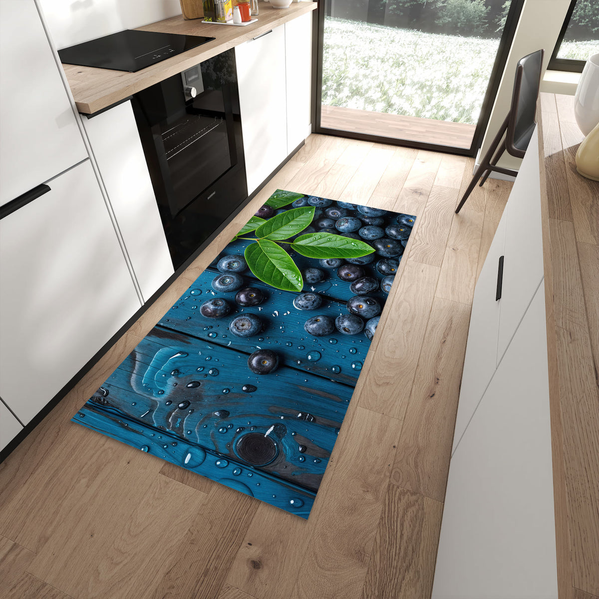 Waschbarer Küchenläufer mit Motiv Blaubeeren auf Holz für Ordnung in moderner Küche