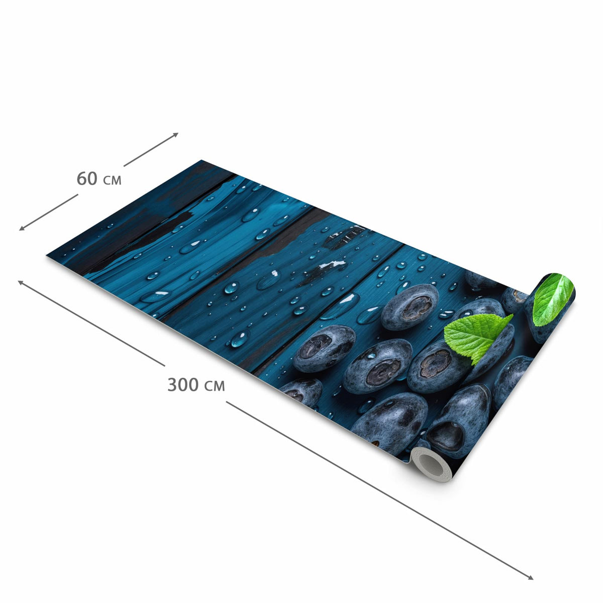 Hygienischer rutschfester Küchenteppich mit Motiv Blaubeeren auf Holz in der Grösse 80x300 cm