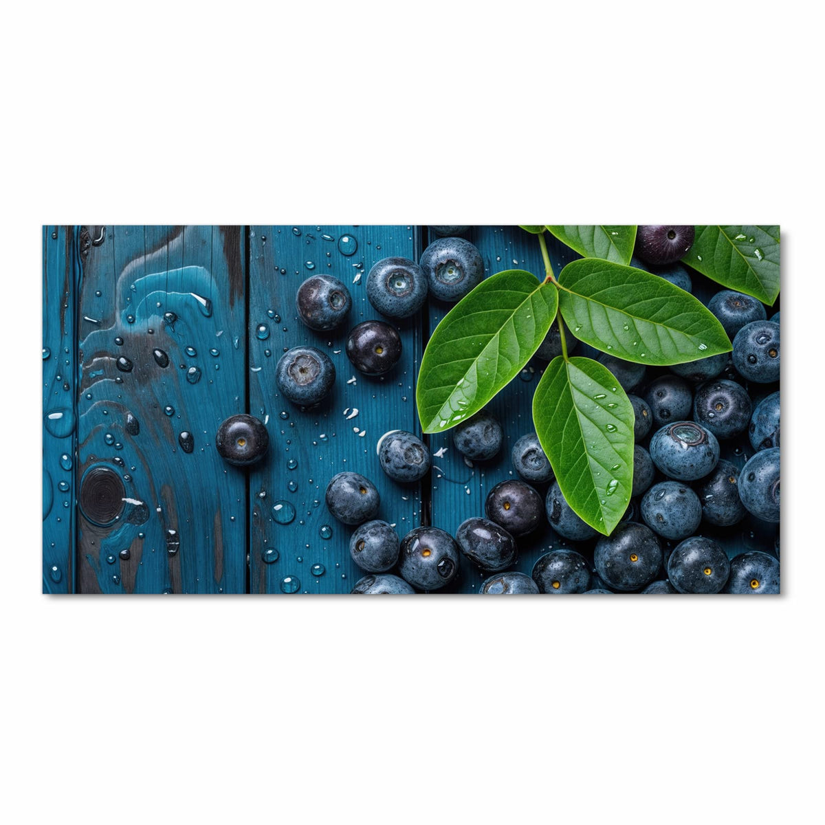 Flacher waschbarer Küchenteppich mit Motiv Blaubeeren auf Holz in Frontansicht