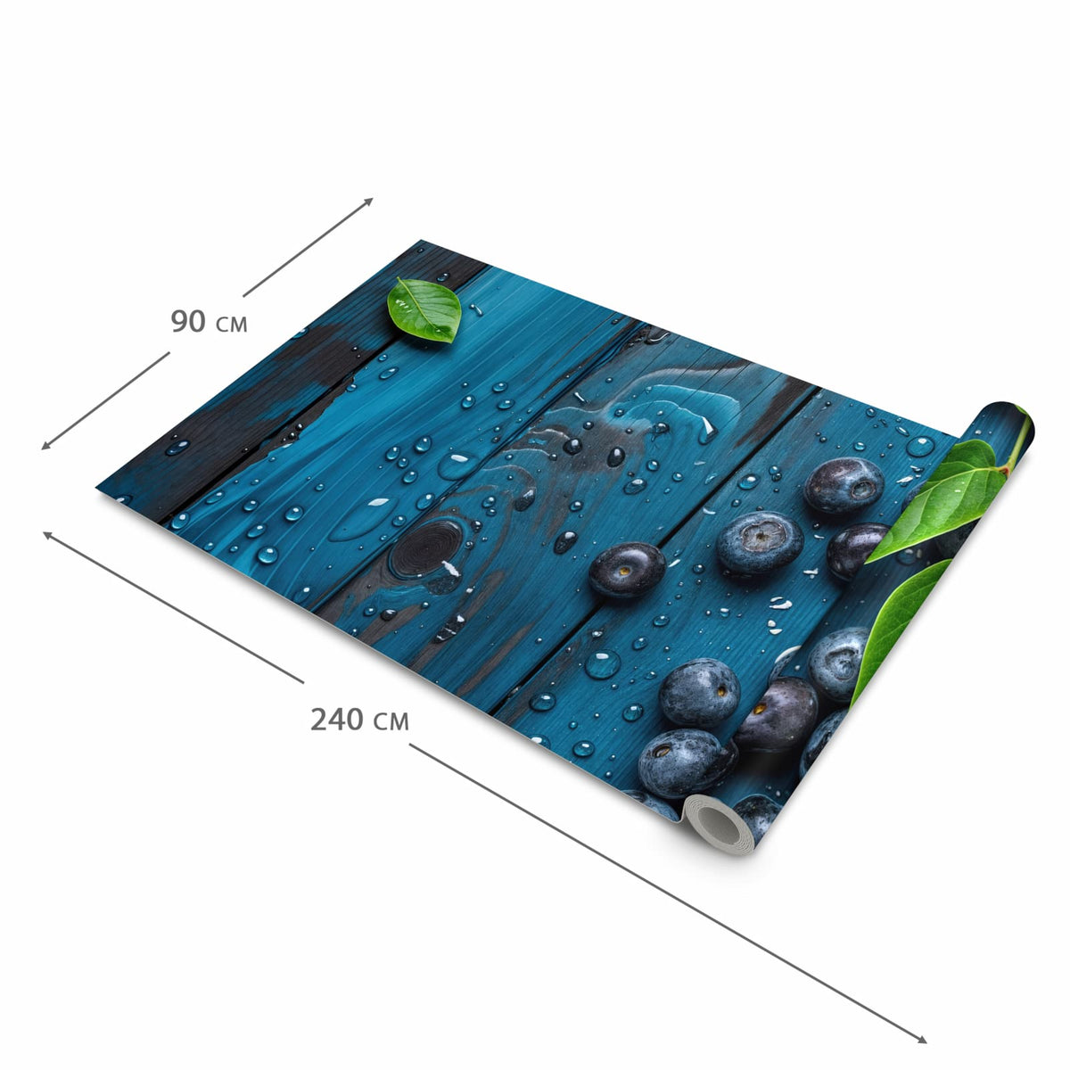 Küchenteppich mit Motiv Blaubeeren auf Holz in der Grösse 80x300 cm für Ordnung & Übersicht