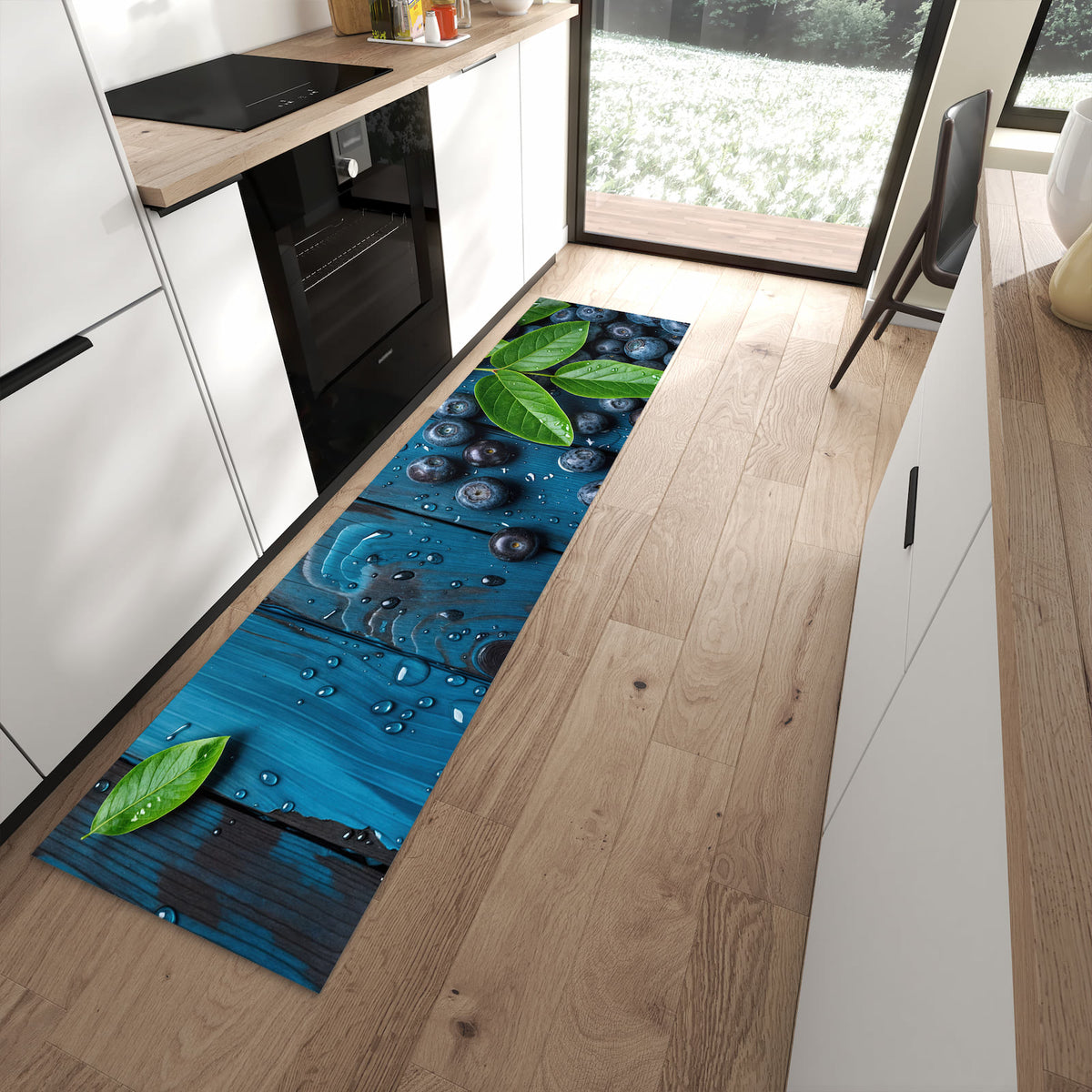 Küchenteppich mit Motiv Blaubeeren auf Holz für angenehme Haptik in moderner Küche