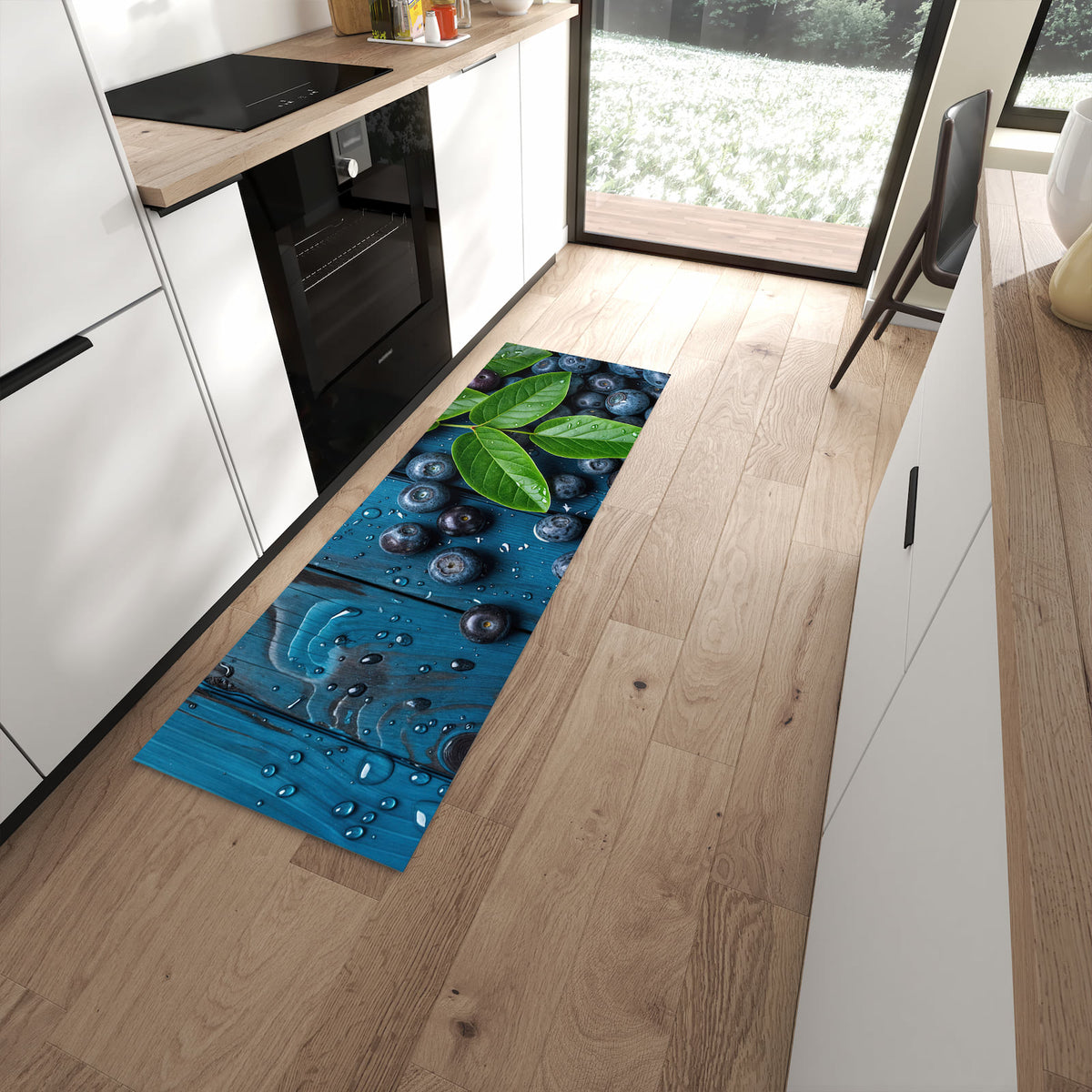 Pflegeleichter Küchenläufer mit Motiv Blaubeeren auf Holz in moderner Küche