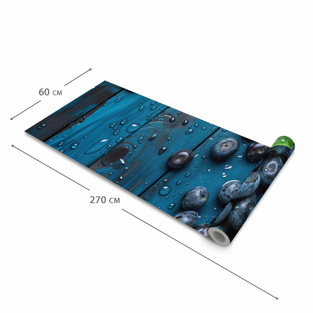 Waschbarer Teppich für Esstisch mit Motiv Blaubeeren auf Holz in der Größe 80x300 cm
