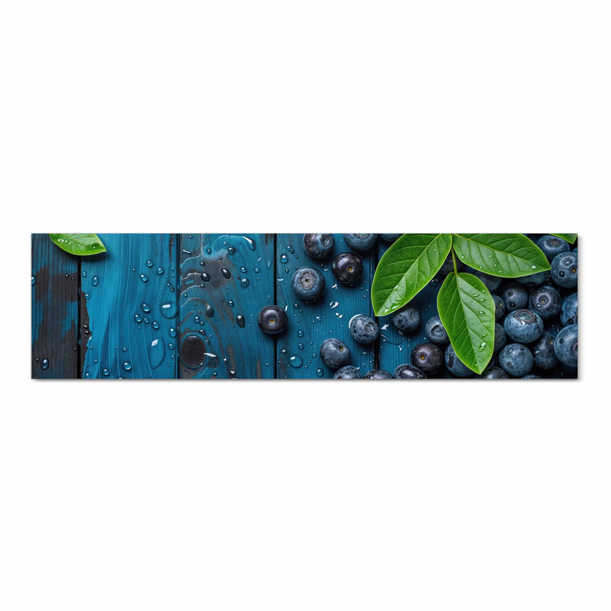 Langlebiger Küchenläufer mit Motiv Blaubeeren auf Holz in Frontansicht für moderne Küchen