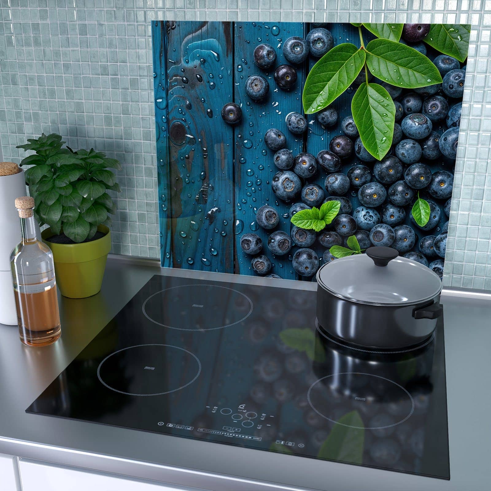 1-teilige Herdabdeckplatten für Ceranfeld mit Blaubeeren auf Holz-Motiv als Spritzschutz