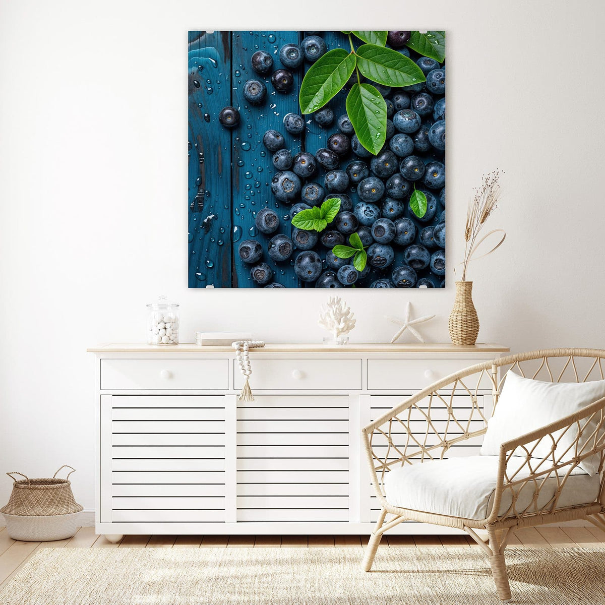 Echtglas, 4 mm – kein Acryl, keine Folie – Wandbild - Blaubeeren auf Holz - Quadratisch