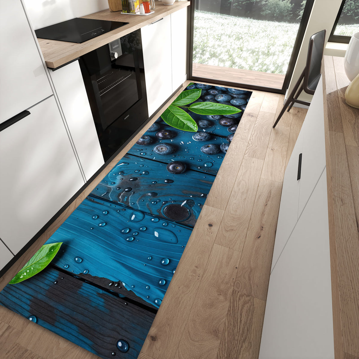 Bodenschonender waschbarer Läufer für die Küche mit Motiv Blaubeeren auf Holz in moderner Küche