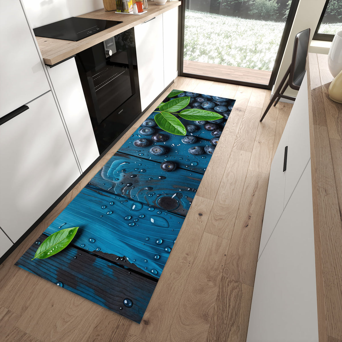 Rutschfester Küchenläufer mit Motiv Blaubeeren auf Holz in moderner Küche