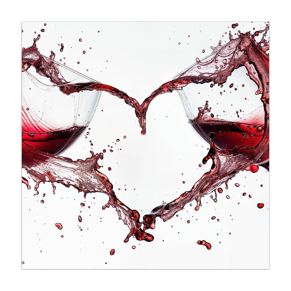Zwei Gläser, aus denen Rotwein spritzt und vor weißem Grund ein Herz formt