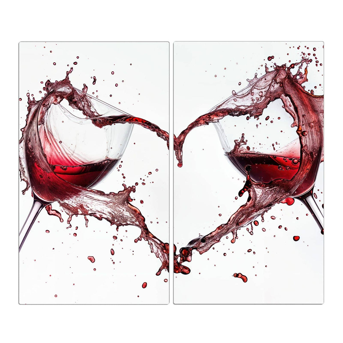 Zwei Gläser, aus denen Rotwein spritzt und vor weißem Grund ein Herz formt
