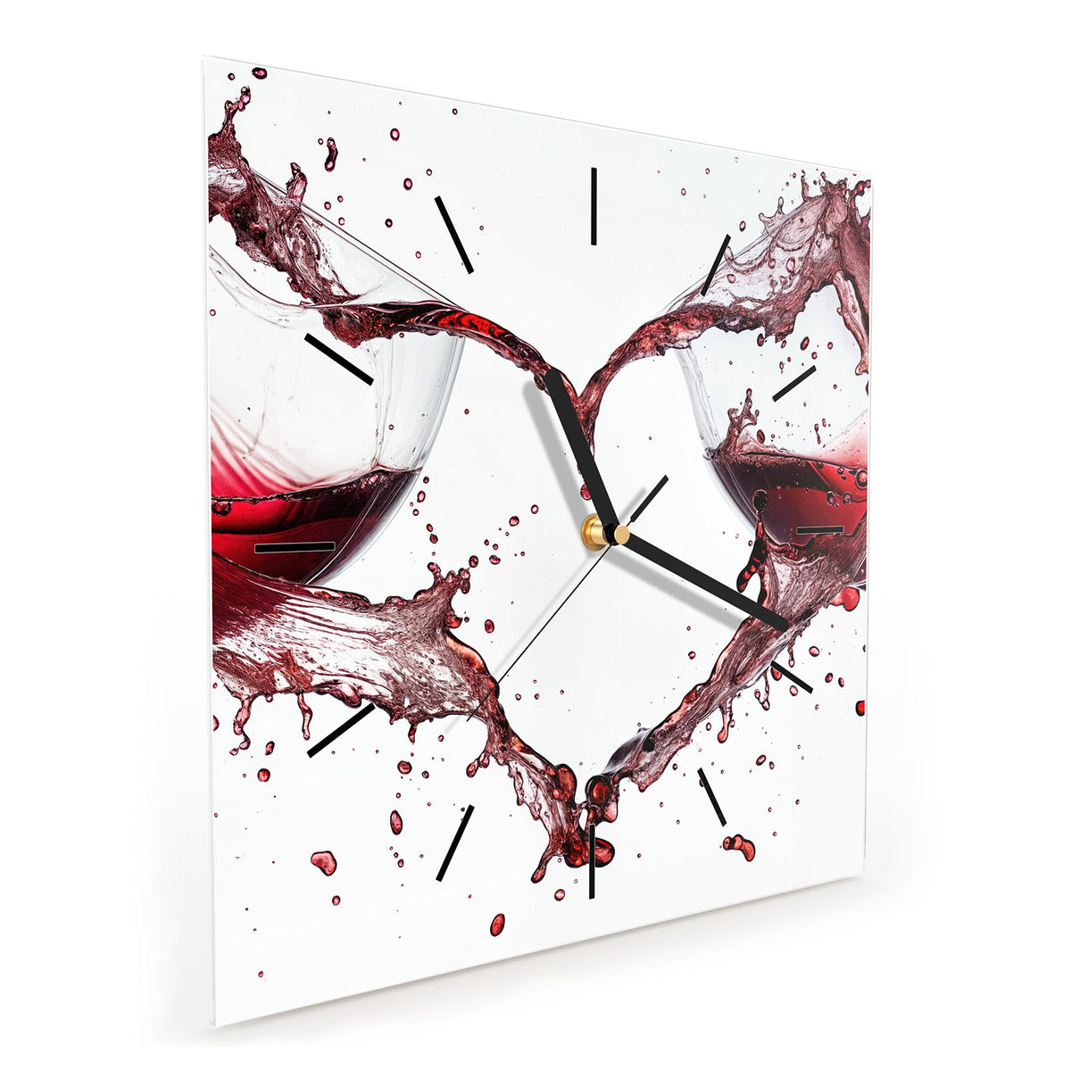 Quadratische Wanduhr aus Glas Rotwein in Herzform schräg von der Seite, 4 mm starkes Glas