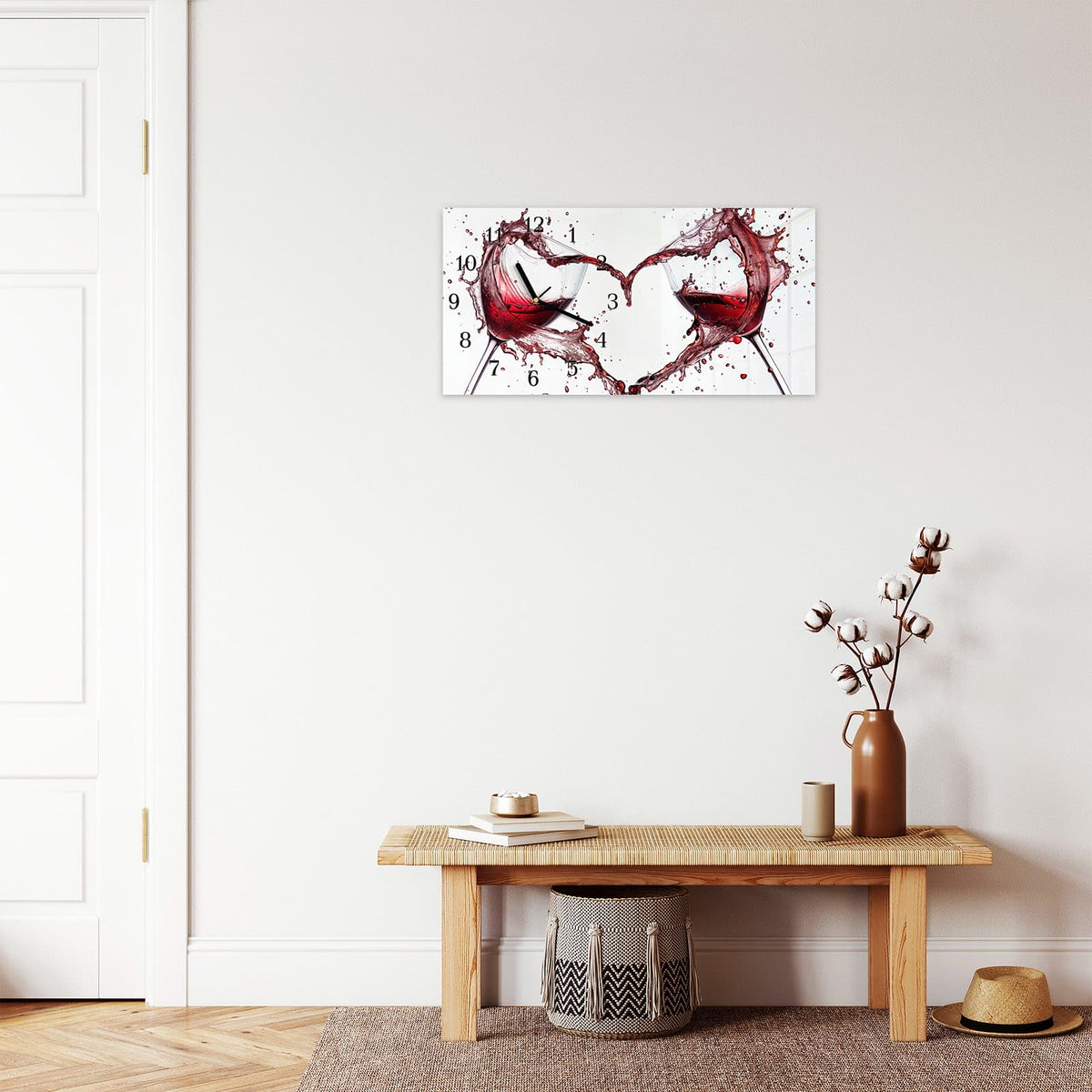 Moderne Wanduhr aus Glas mit Farbtiefe – Wanduhr Weingläser Herz aus Glas – Querformat 60 × 30 cm