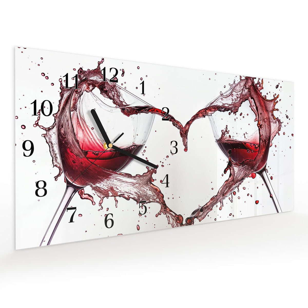 Vormontiert – mit Schwebeeffekt – Wanduhr Weingläser Herz aus Glas – Querformat 60 × 30 cm