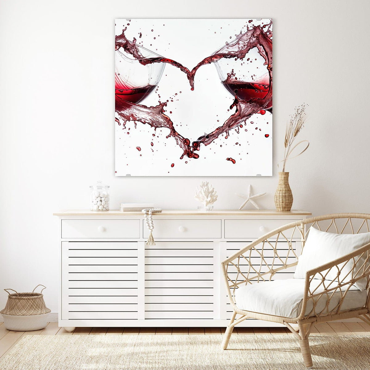 Echtglas, 4 mm – kein Acryl, keine Folie – Wandbild - Rotwein in Herzform - Quadratisch