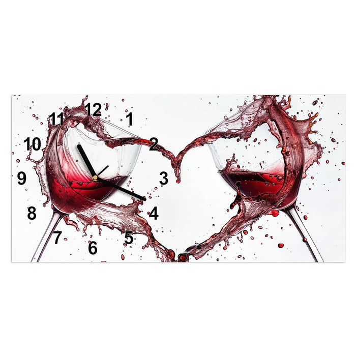 Wanduhr Weingläser Herz aus Glas – Querformat 60 × 30 cm mit Ziffernblatt Modern