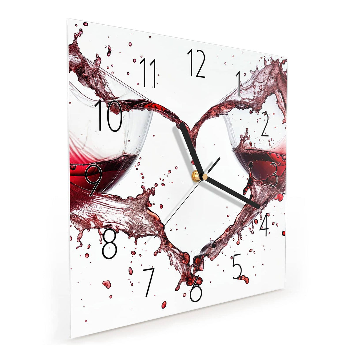 Quadratische Wanduhr aus Glas Rotwein in Herzform schräg von der Seite, 4 mm starkes Glas