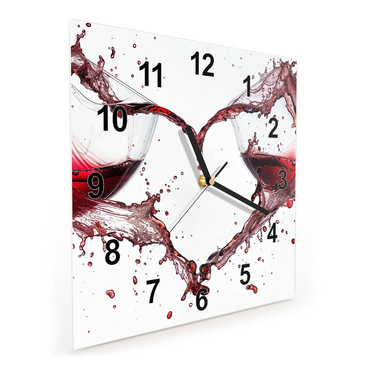 Quadratische Wanduhr aus Glas Rotwein in Herzform schräg von der Seite, 4 mm starkes Glas