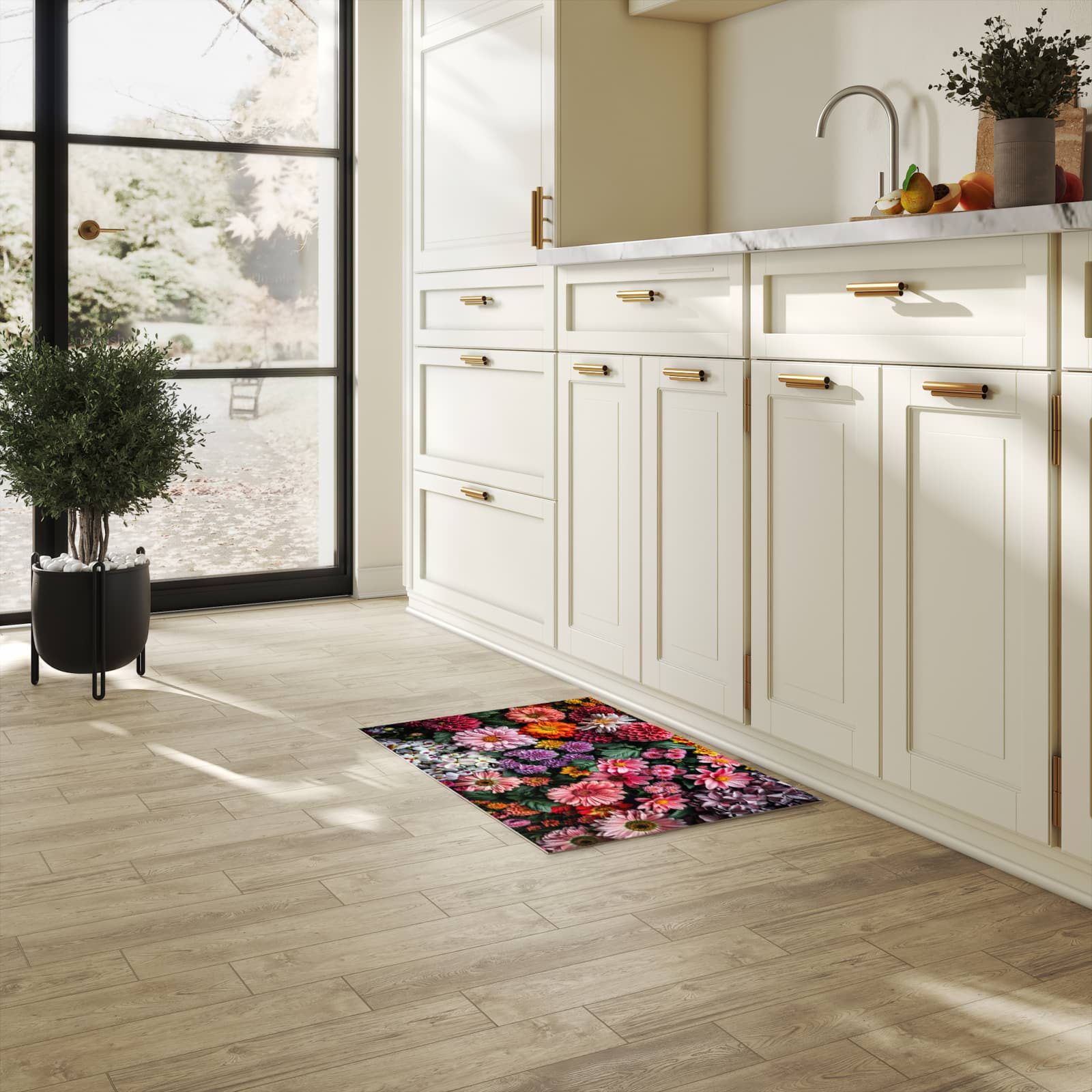 Küchenteppich mit Motiv Blumenkomposition für Ordnung in heller Küche