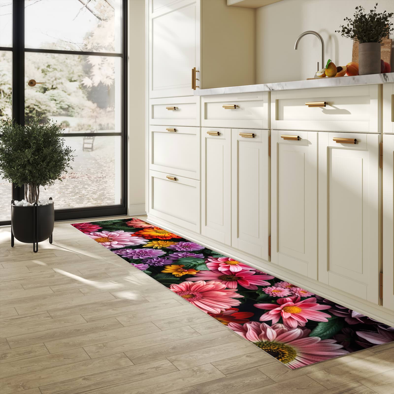 Bodenschonender Küchenteppich mit Motiv Blumenkomposition in heller Küche