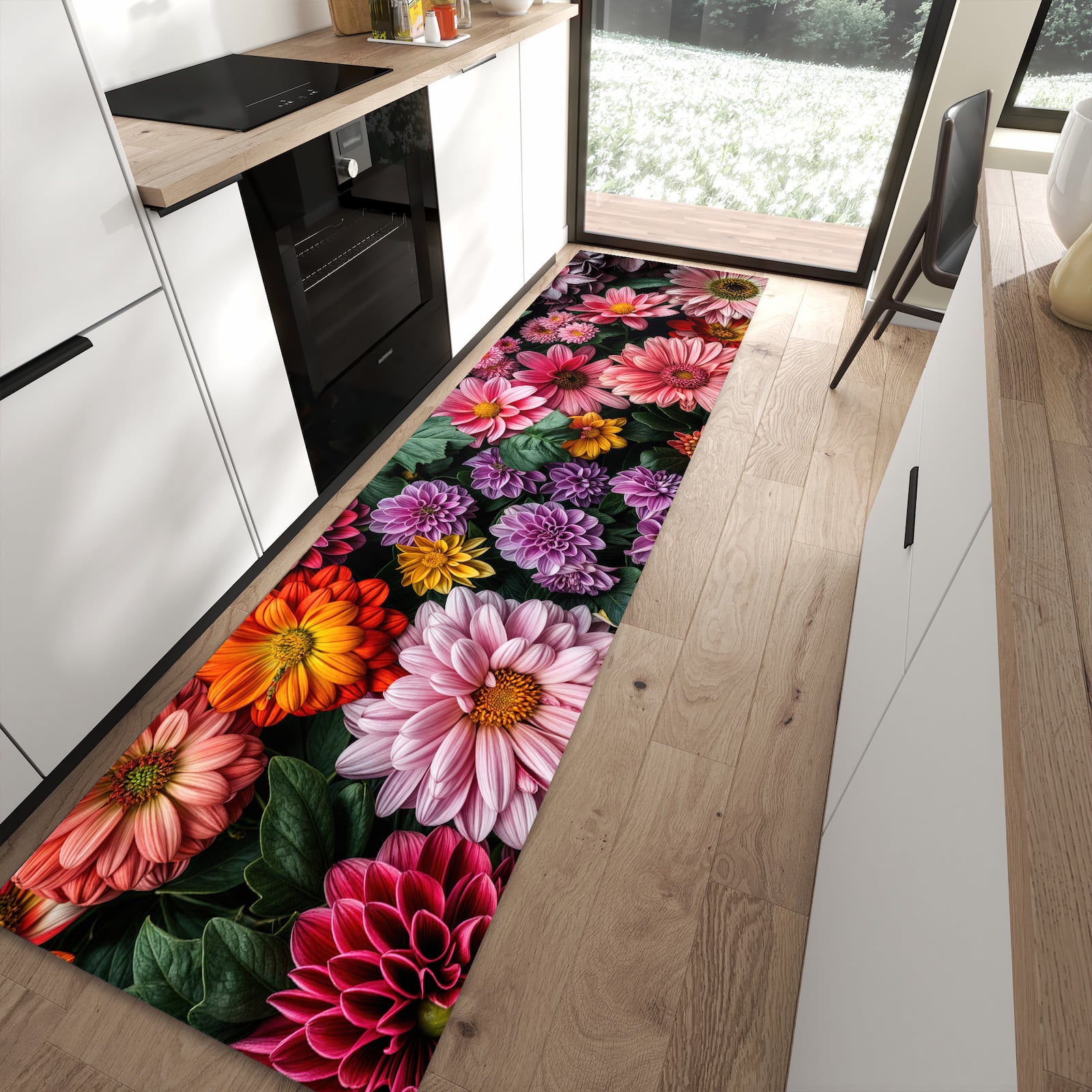 Bodenschonender rutschfester Küchenläufer mit Motiv Blumenkomposition in moderner Küche