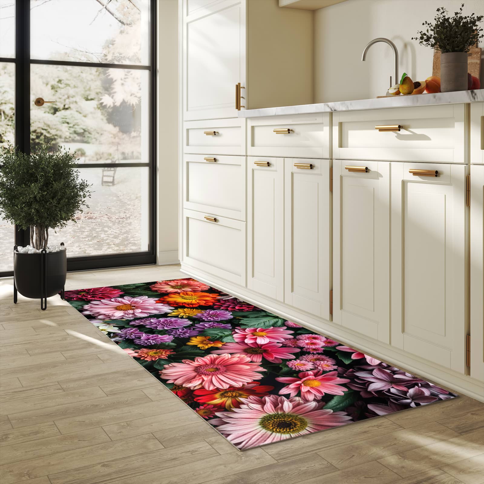 Geräuschdämpfender Küchenläufer mit Motiv Blumenkomposition in heller Küche