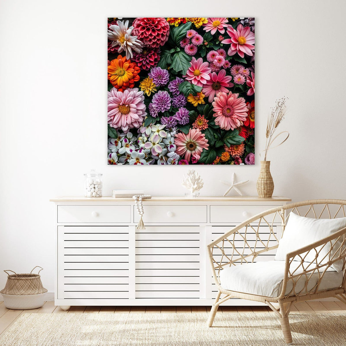 Echtglas, 4 mm – kein Acryl, keine Folie – Wandbild - Bunter Blütenteppich - Quadratisch