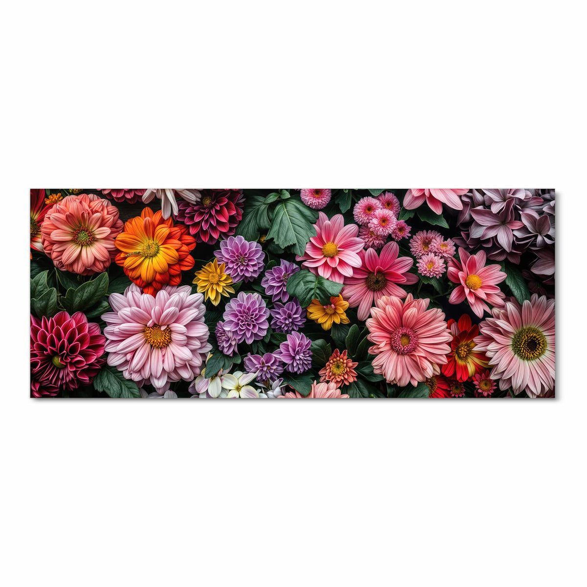 Flach ausgelegte, dicht gepackte Blüten - Dahlien, Gerbera, Chrysanthemen - mit grünen Blättern.