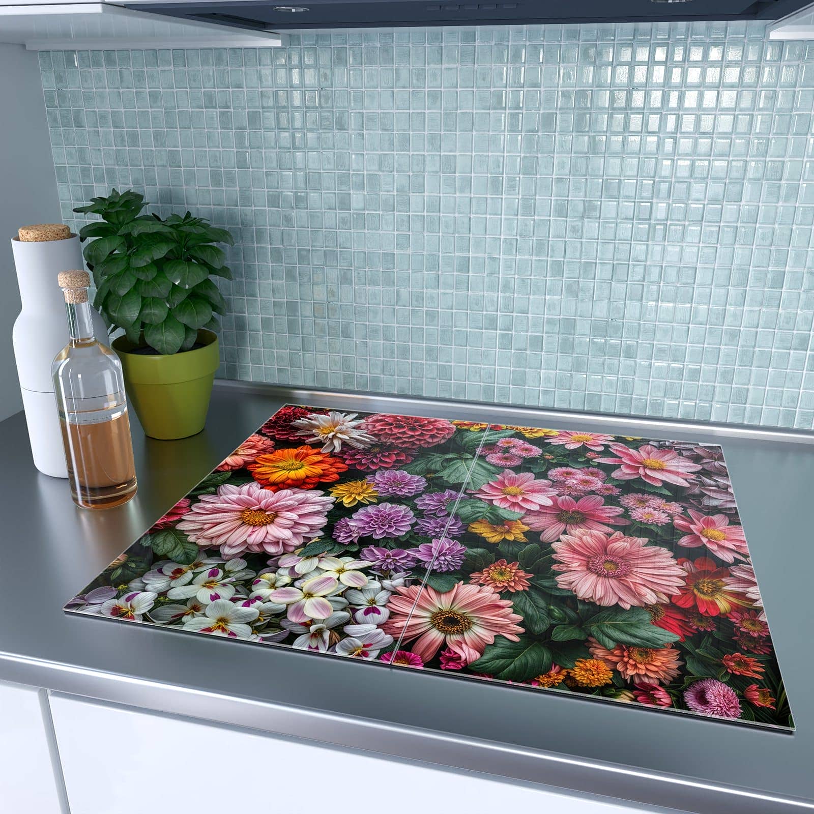 2-teilige Herdabdeckplatten für Ceranfeld mit Blumenkomposition-Motiv in der modernen Küche