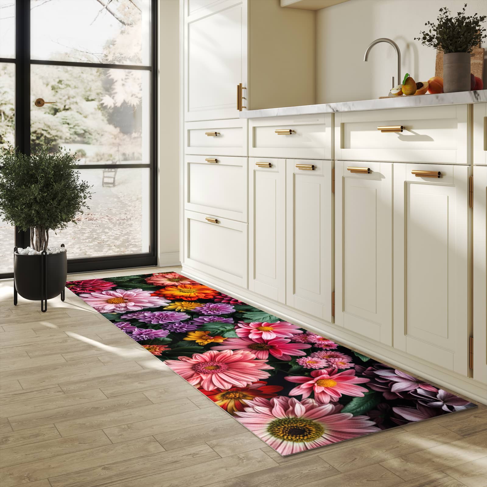 Formstabiler Küchenteppich mit Motiv Blumenkomposition in heller Küche