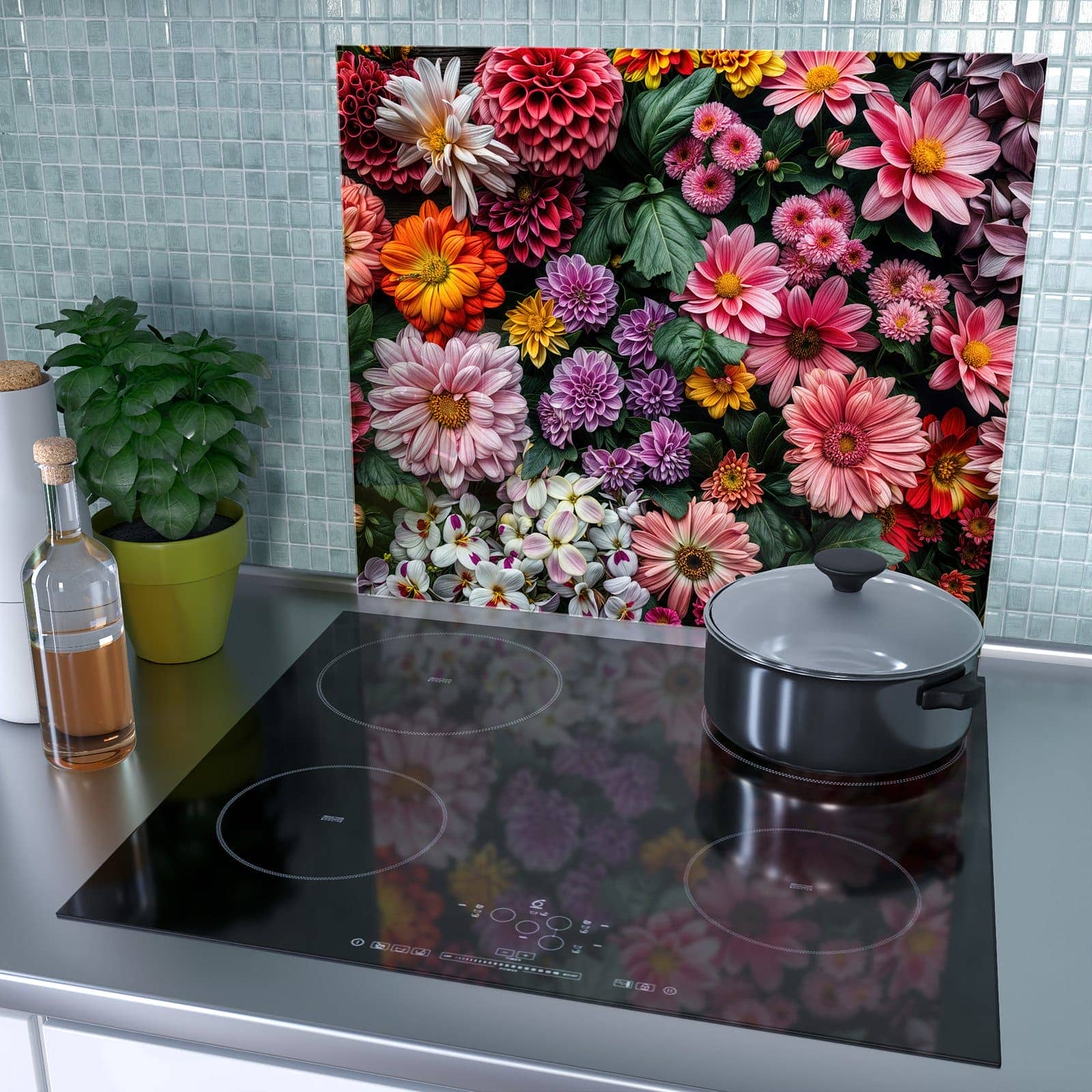 1-teilige Herdabdeckplatten aus Glas mit Blumenkomposition-Motiv als Spritzschutz hinter dem Kochfeld