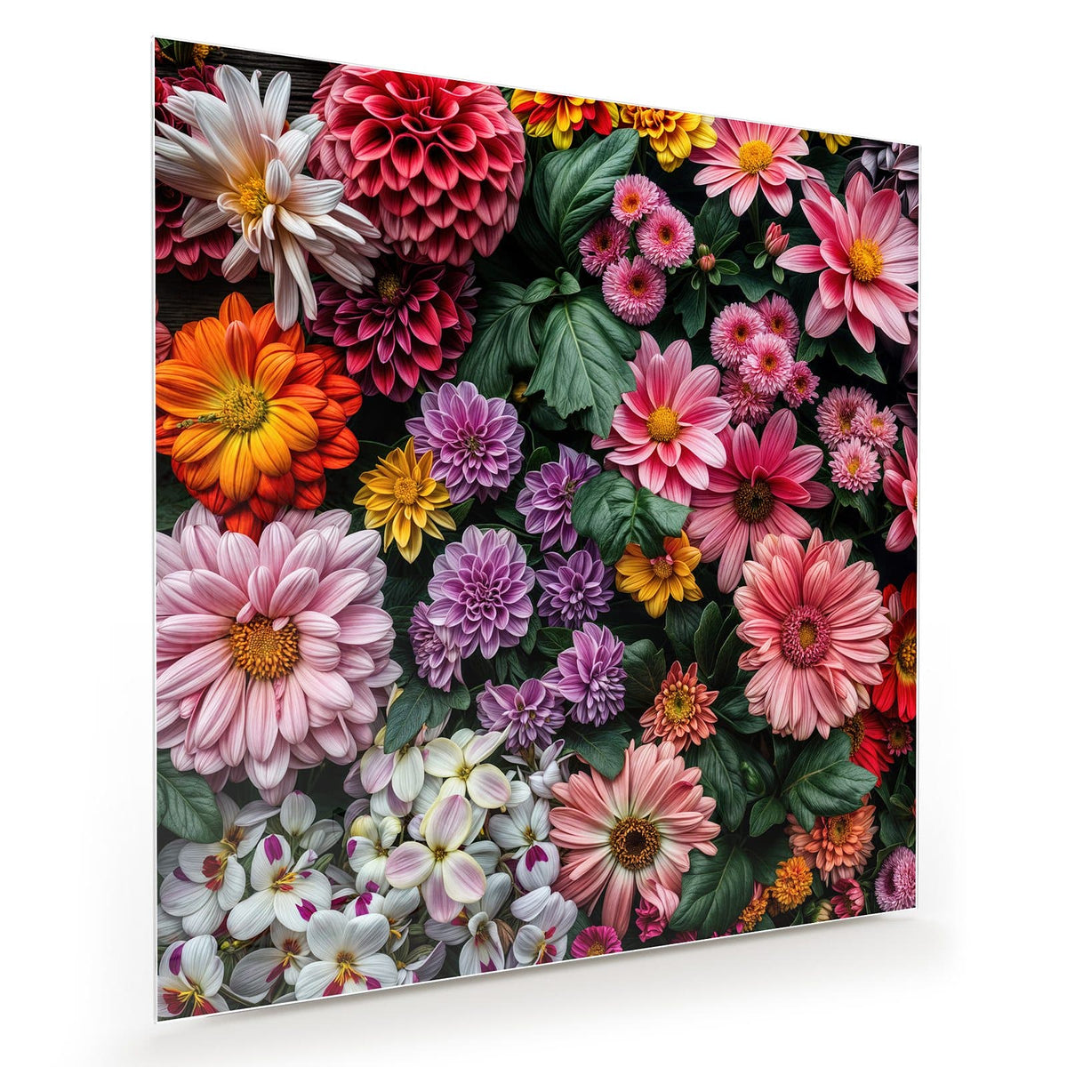 Flach ausgelegte, dicht gepackte Blüten - Dahlien, Gerbera, Chrysanthemen - mit grünen Blättern.