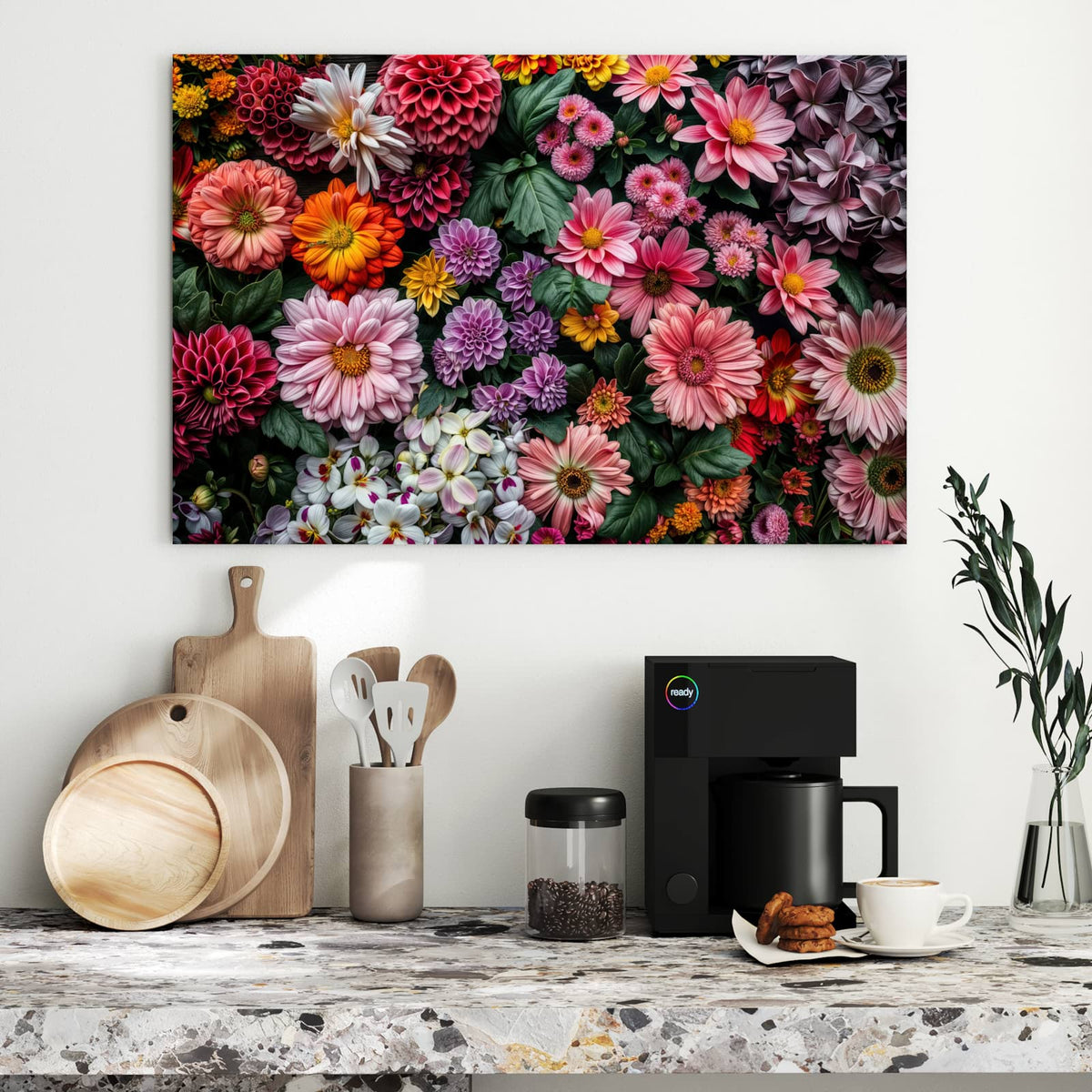 Metall Magnettafel - Bunter Blütenteppich – Dahlien und Gerbera dicht an dicht