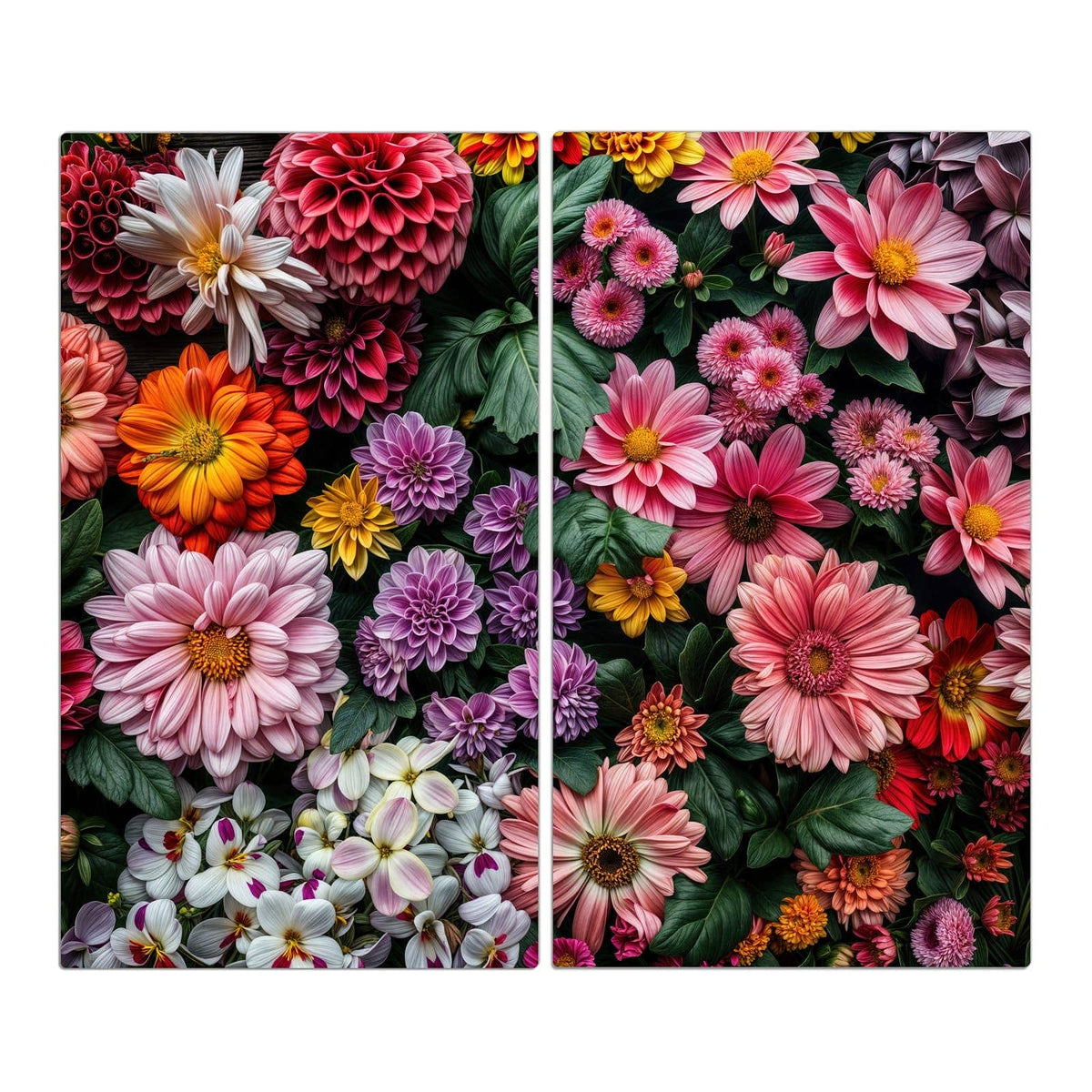 Flach ausgelegte, dicht gepackte Blüten - Dahlien, Gerbera, Chrysanthemen - mit grünen Blättern.