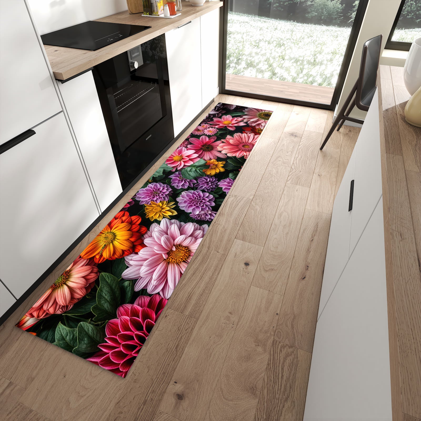 Waschbarer Küchenteppich mit Motiv Blumenkomposition in moderner Küche