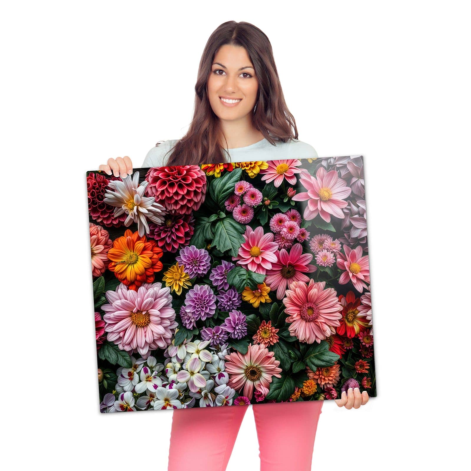 Herdabdeckplatte mit Blumenkomposition-Motiv wird zur Größendarstellung gehalten