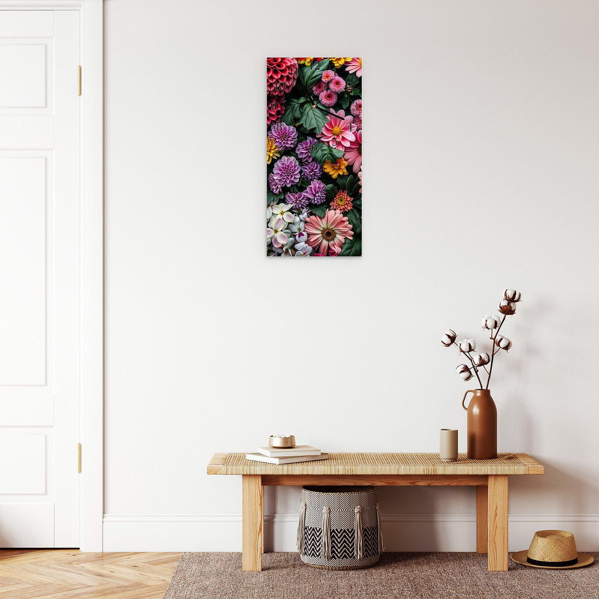 Moderne Wanduhr aus Glas mit Farbtiefe – Wanduhr Blumenkomposition aus Glas – Hochformat 30 × 60 cm