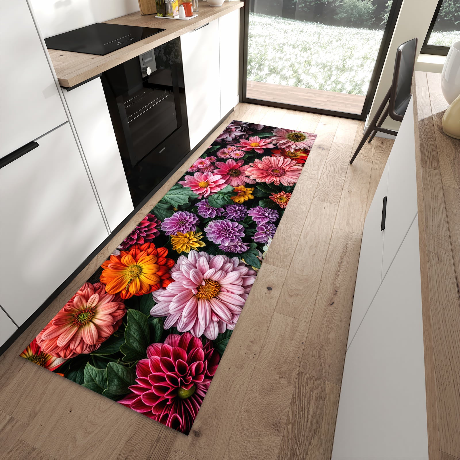 Rutschfester Küchenläufer mit Motiv Blumenkomposition schützt Böden in moderner Küche