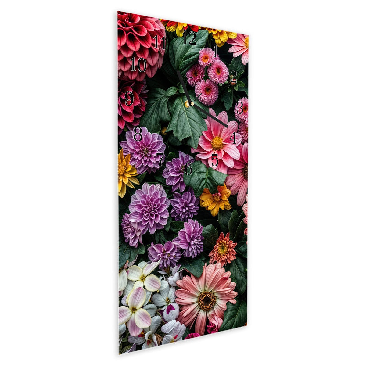 Vormontiert – mit Schwebeeffekt – Wanduhr Blumenkomposition aus Glas – Hochformat 30 × 60 cm