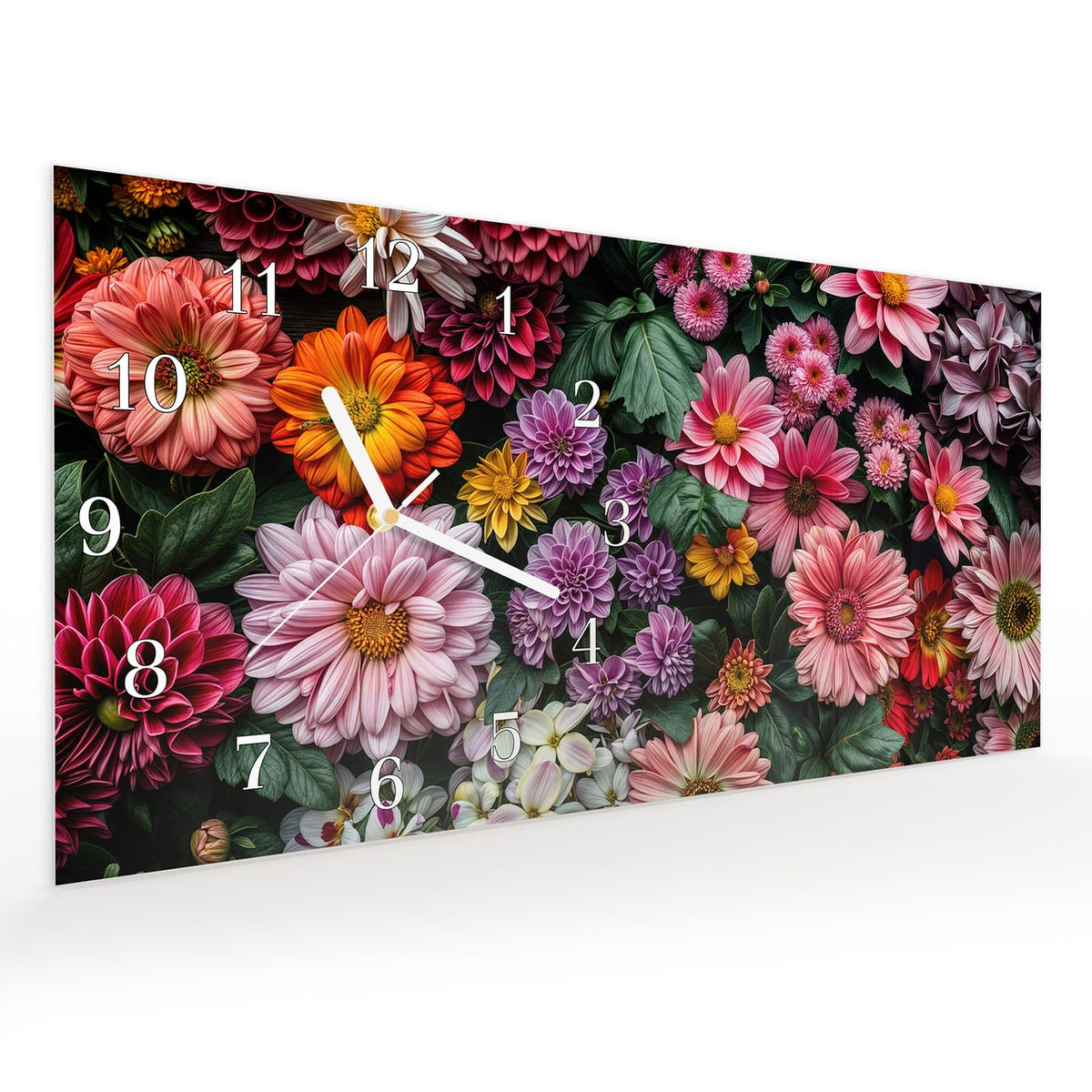 Vormontiert – mit Schwebeeffekt – Wanduhr Blumenkomposition aus Glas – Querformat 60 × 30 cm