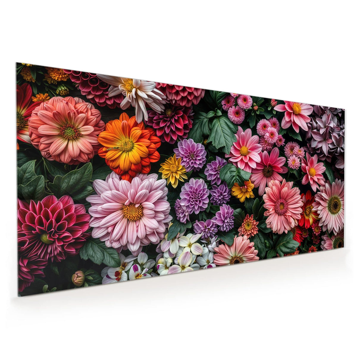 Küchenrückwand aus Glas im Hochformat mit Motiv Bunter Blütenteppich: Flach ausgelegte, dicht gepackte Blüten - Dahlien, Gerbera