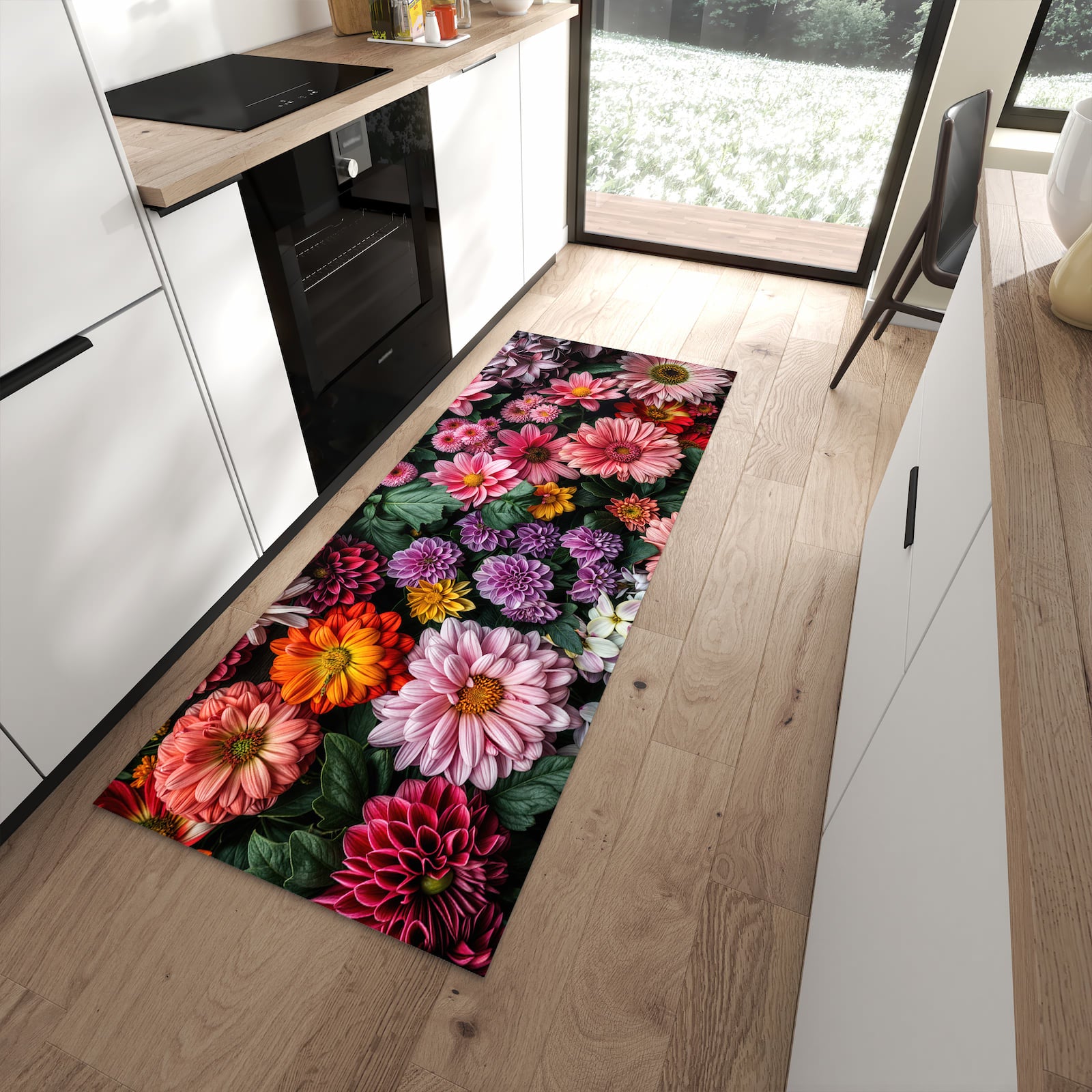 Feuchtigkeitsresistenter Küchenläufer mit Motiv Blumenkomposition in moderner Küche