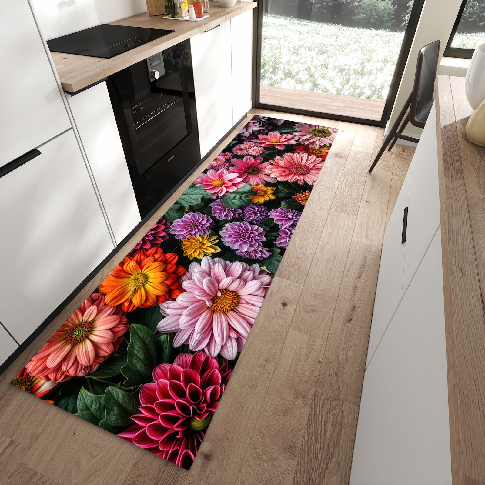Rutschfester Küchenläufer mit Motiv Blumenkomposition für Ordnung in moderner Küche