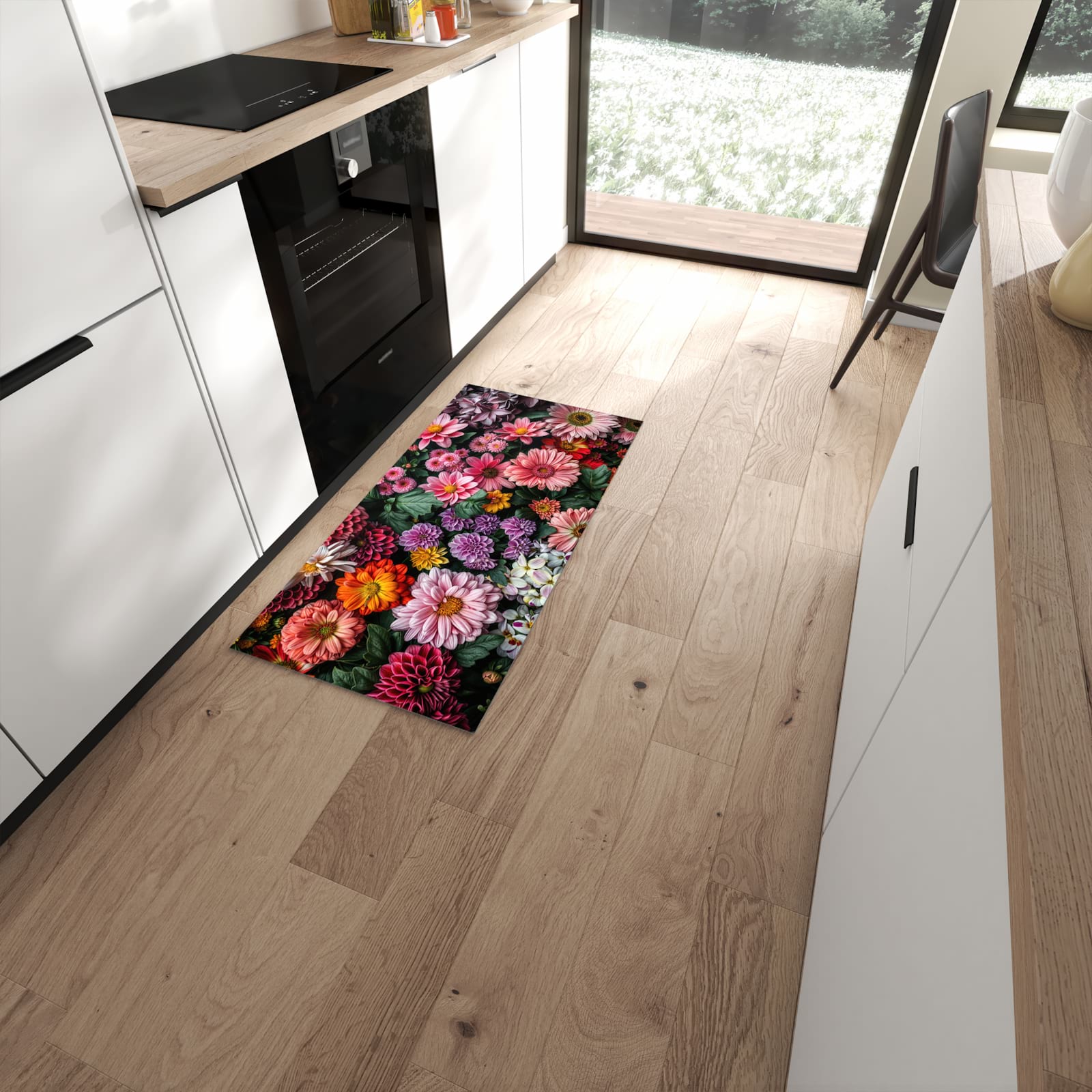 Leicht zu reinigender Küchenteppich mit Motiv Blumenkomposition in moderner Küche #grösse_60 x 120 cm
