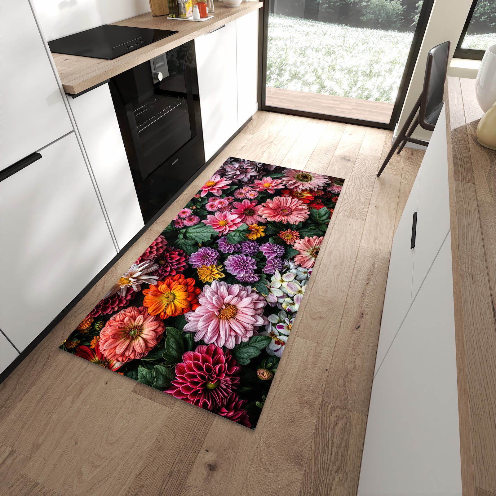 Farbbeständiger waschbarer Küchenläufer mit Motiv Blumenkomposition in moderner Küche