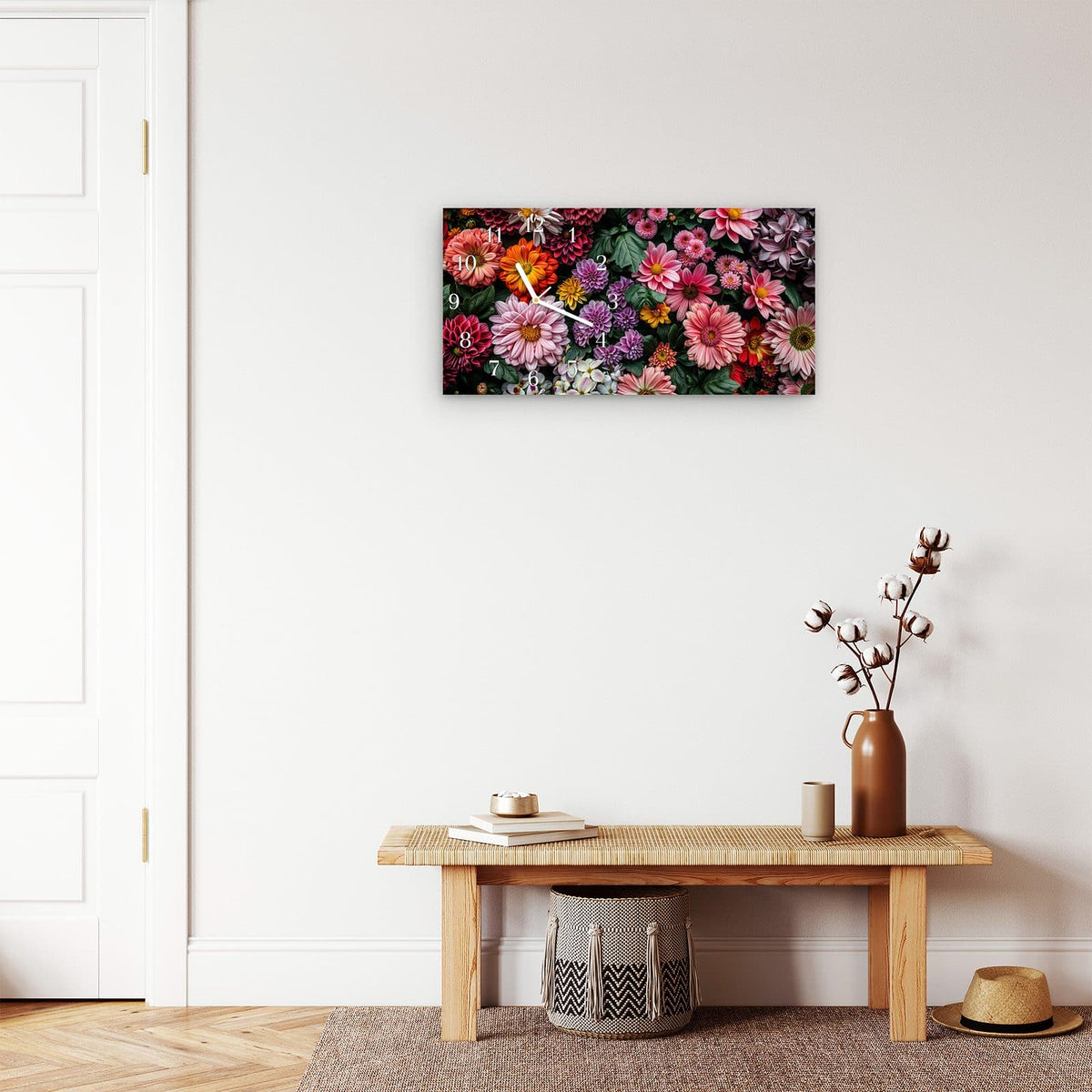 Moderne Wanduhr aus Glas mit Farbtiefe – Wanduhr Blumenkomposition aus Glas – Querformat 60 × 30 cm