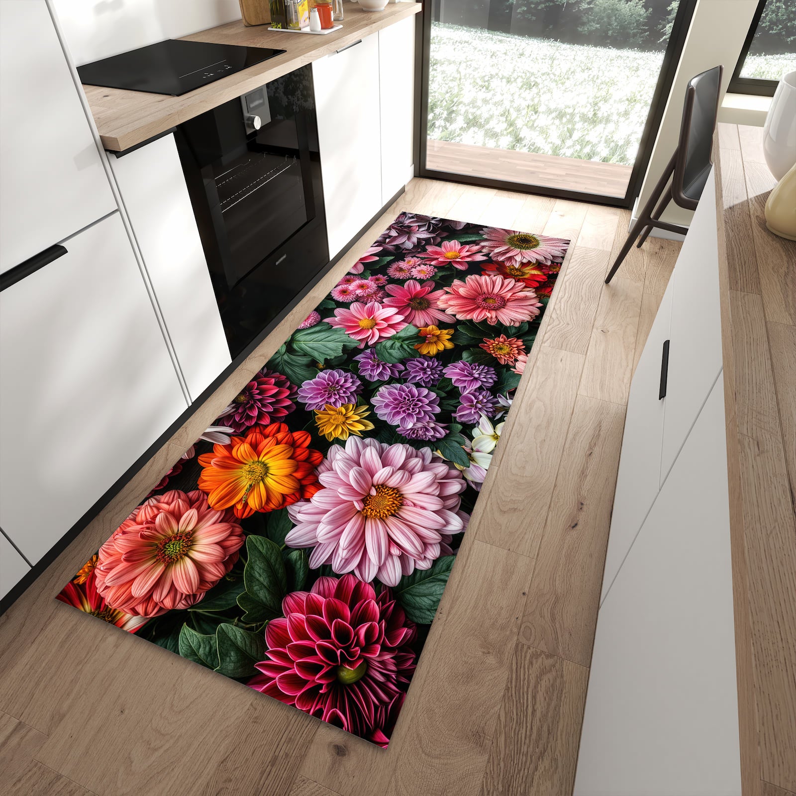 Formstabiler rutschfester Küchenläufer mit Motiv Blumenkomposition in moderner Küche