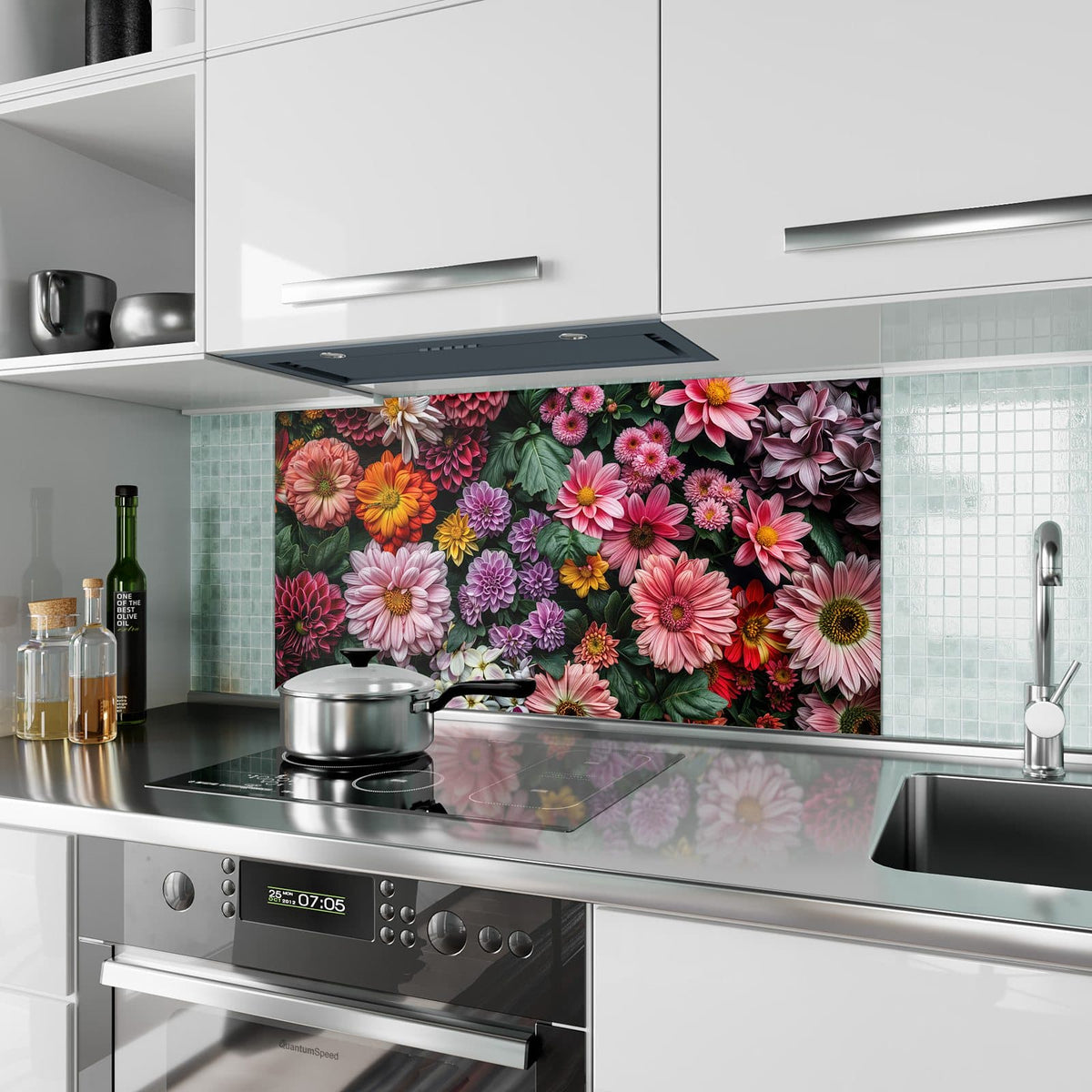 Küchenrückwand aus Glas Bunter Blütenteppich im Hochformat als Spritzschutz hinter dem Kochfeld, über dem Fliesenspiegel montiert