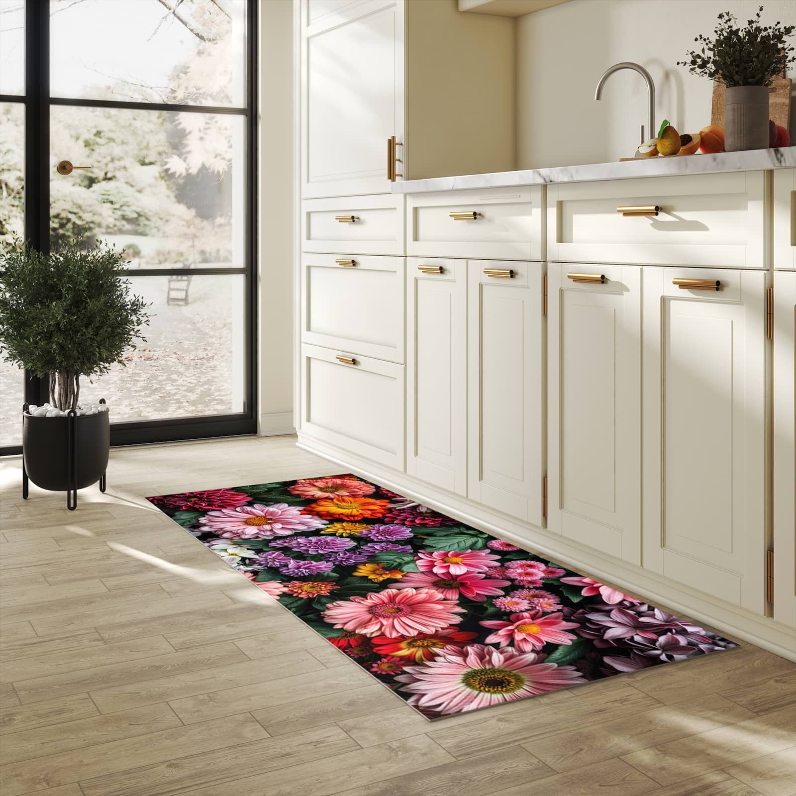 Bodenschonender Küchenteppich mit Motiv Blumenkomposition in heller Küche