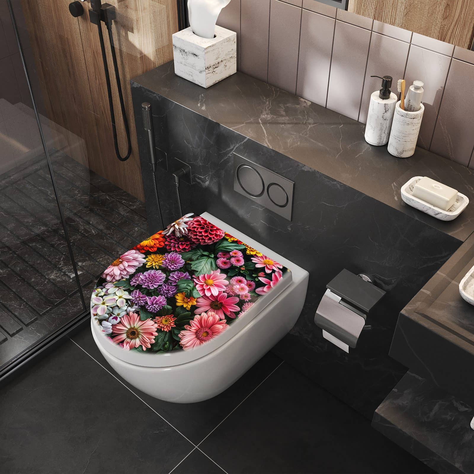 WC-Sitz mit Absenkautomatik Blumenkomposition